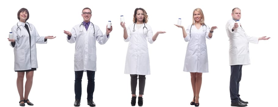 group of doctors holding jar isolated on white background