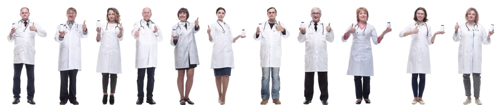 group of doctors holding jar isolated on white background