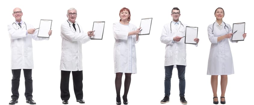 full length group of doctors with notepad isolated on white background