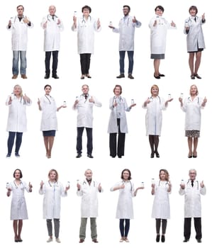 group of doctors holding jar isolated on white background