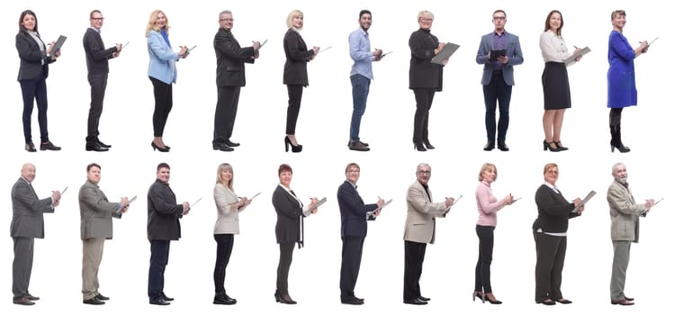 group of successful people with notepad in hands isolated on white background