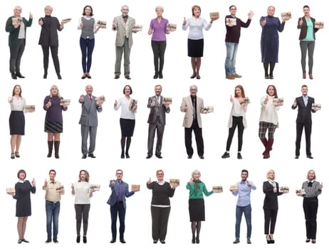 group of happy people with gifts in their hands isolated on white background