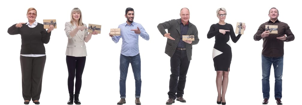 group of happy people with gifts in their hands isolated on white background