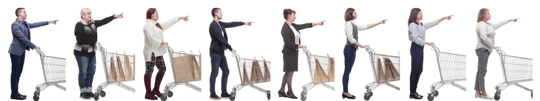 a group of people with a shopping cart point their fingers in front of them on a white background