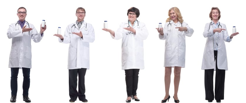 group of doctors holding jar isolated on white background