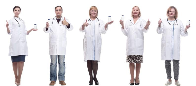 group of doctors holding jar isolated on white background