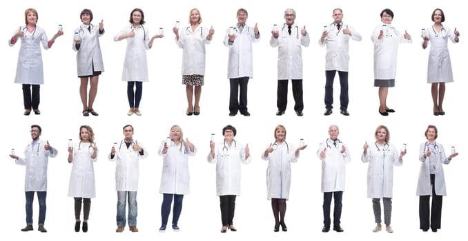 group of doctors holding jar isolated on white background