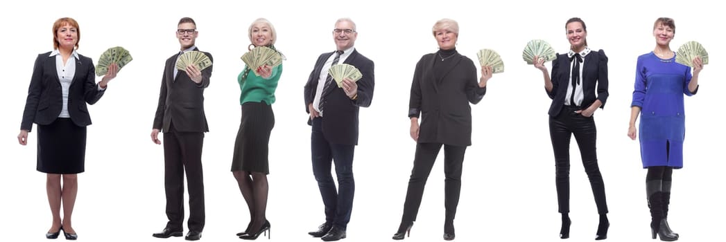group of successful people holding money in hand isolated on white background