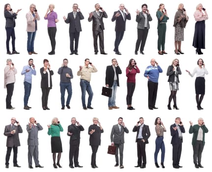 group of people holding phone in hand isolated on white background