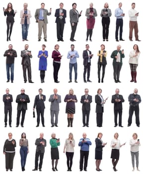 group of people holding phone in hand and looking at camera isolated on white background