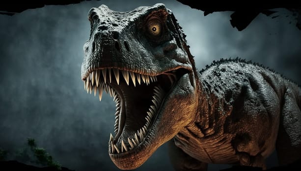 Close up on a The head of dinosaur in the dark background. High quality photo