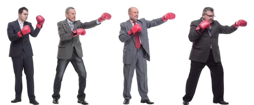 collage of businessmen in boxing gloves isolated on white background