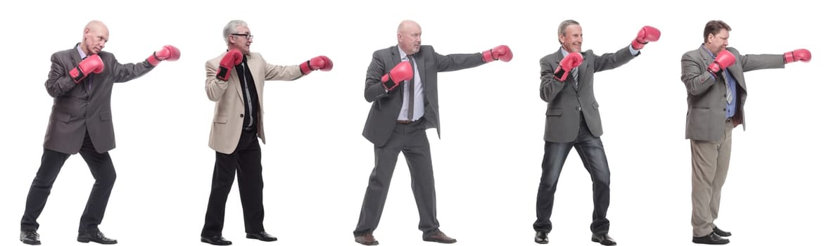collage of businessmen in boxing gloves isolated on white background
