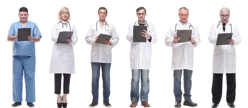 full length group of doctors with notepad isolated on white background