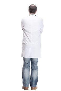 rear view.a qualified doctor with a stethoscope. isolated on a white background.