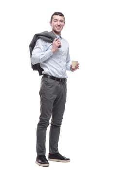 in full growth. a handsome business man with a takeaway coffee. isolated on a white background.