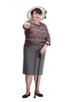 elderly woman in a summer hat giving a thumbs up. isolated on a white background.