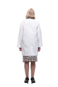 rear view. female doctor in a white coat. isolated on a white background.