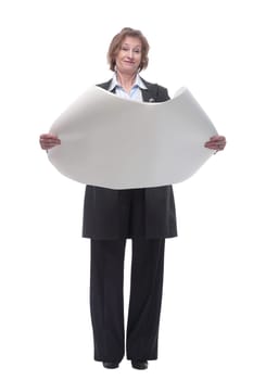 Full length of an senior woman architect standing with open blueprints isolated over white background. Concept repair, construction and building