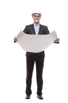 in full growth. young architect with drawings. isolated on a white background.