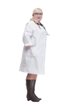 Mature female paramedic with a stethoscope . isolated on a white background.