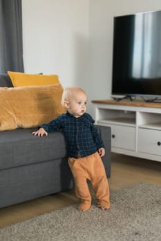 Toddler boy laughing having fun standing near sofa in living room at home. Adorable baby making first steps alone. Happy childhood and child care