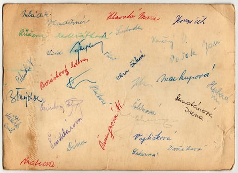 THE CZECHOSLOVAK SOCIALIST REPUBLIC - CIRCA 1960s: The back of vintage photo shows signatures.