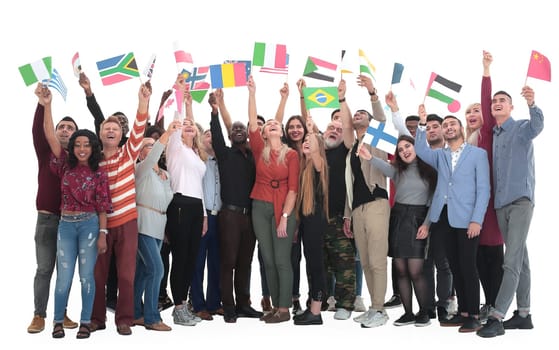 People with flags of different nationalities looking up - isolated over white background