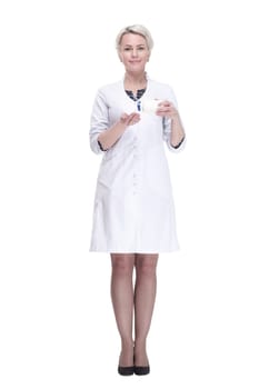 full-length. female doctor using sanitizer. isolated on a white background.