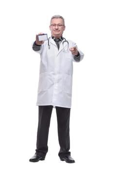 Friendly medical doctor with blank mediical ID's card .Isolated over white background