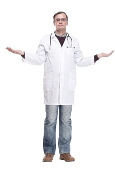 in full growth. qualified doctor with a stethoscope. isolated on a white background.