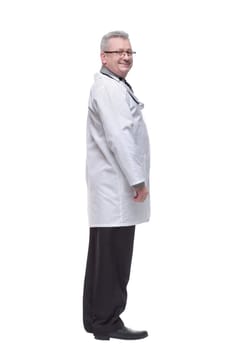 Rear view of medical doctor, man standing back wear doctors lab white coat isolated over white background