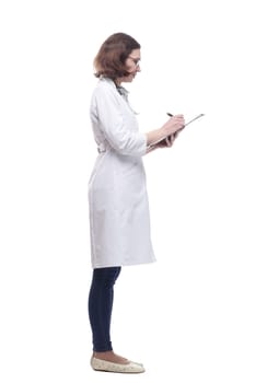Mature female doctor with clipboard. isolated on a white background.