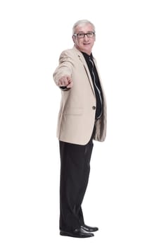 in full growth. intelligent mature man in a white jacket . isolated on a white background.