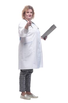 full-length. senior female doctor with clipboard. isolated on a white background.