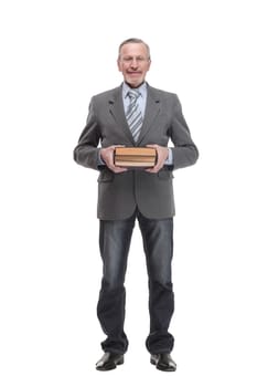 Handsome senior teacher man with books over isolated background happy with big smile doing ok sign, thumb up with fingers, excellent sign