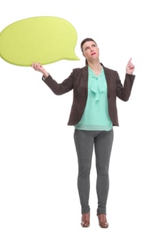 Portrait of attractive business woman thinking and looking up to blank bubble speech isolated on white