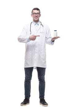 doctor with antiseptic in hand. isolated on a white background.