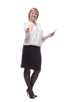 business woman with smartphone and coffee to take away. isolated on a white background.