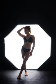 Silhouette of beautiful young woman wearing underwear in backlight