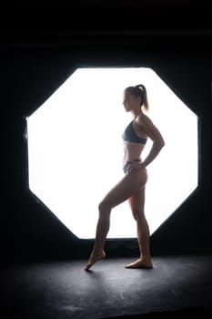 Silhouette of beautiful young woman wearing underwear in backlight