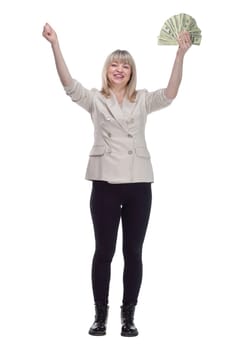 in full growth. very happy woman with dollar bills. isolated on a white background.