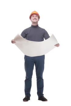 in full growth. confident male architect with drawings. isolated on a white background.