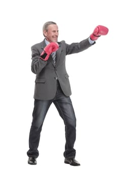 Serious caucasian elderly man in business formal outfit in boxing gloves hitting. Isolated over white background