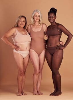 Body positive, support and portrait of diversity women happy with self love, natural beauty and confidence in shape size. Woman empowerment, solidarity and group of model girl friends with lingerie.