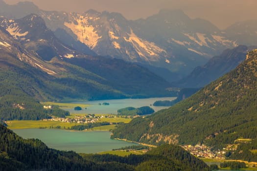 Dramatic Alpine landscape above St Moritz at sunset, Engadine, Muottas Muragl, Switzerland