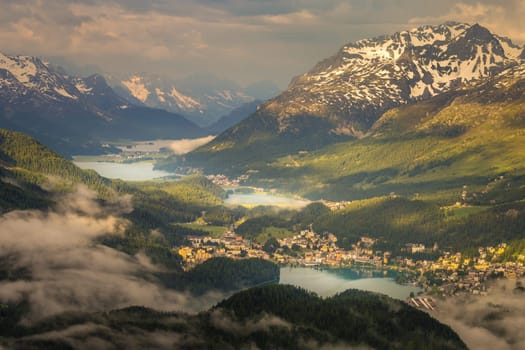 Dramatic Alpine landscape above St Moritz at sunset, Engadine, Muottas Muragl, Switzerland