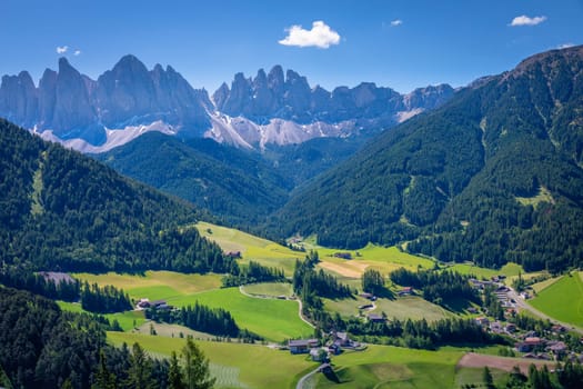 Santa Magdalena village in Val di Funes on the italian Dolomites at sunrise, Italy