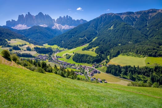 Santa Magdalena village in Val di Funes on the italian Dolomites at sunrise, Italy