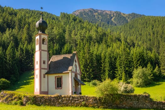 Santa Magdalena village in Val di Funes on the italian Dolomites at sunrise, Italy